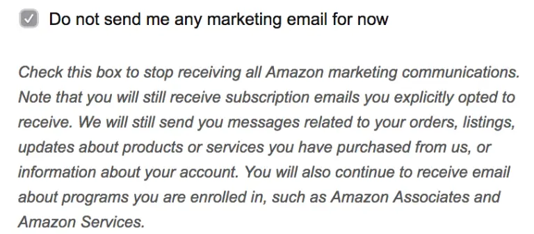 Amazon buyers' checkbox to opt out of all marketing emails