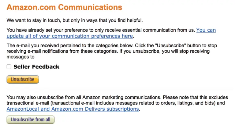 Page on Amazon where buyers can unsubscribe from Seller Feedback specifically or from all marketing communications