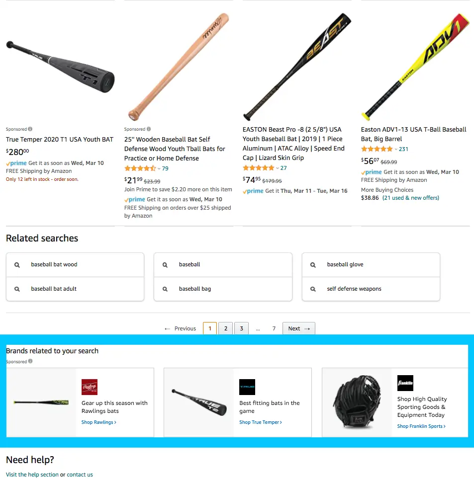Amazon Sponsored Brands ads shown at the bottom of search results  for selected or relevant search terms