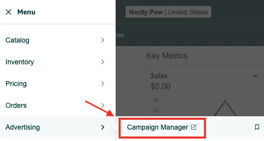 Screenshot of how to located the campaign manager tab in Amazon seller central.