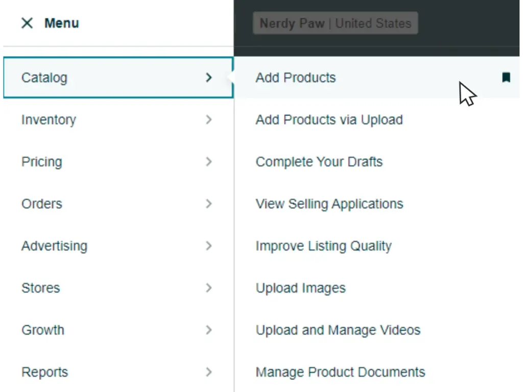 A graphic showing where to find the category and add products tabs in seller central.