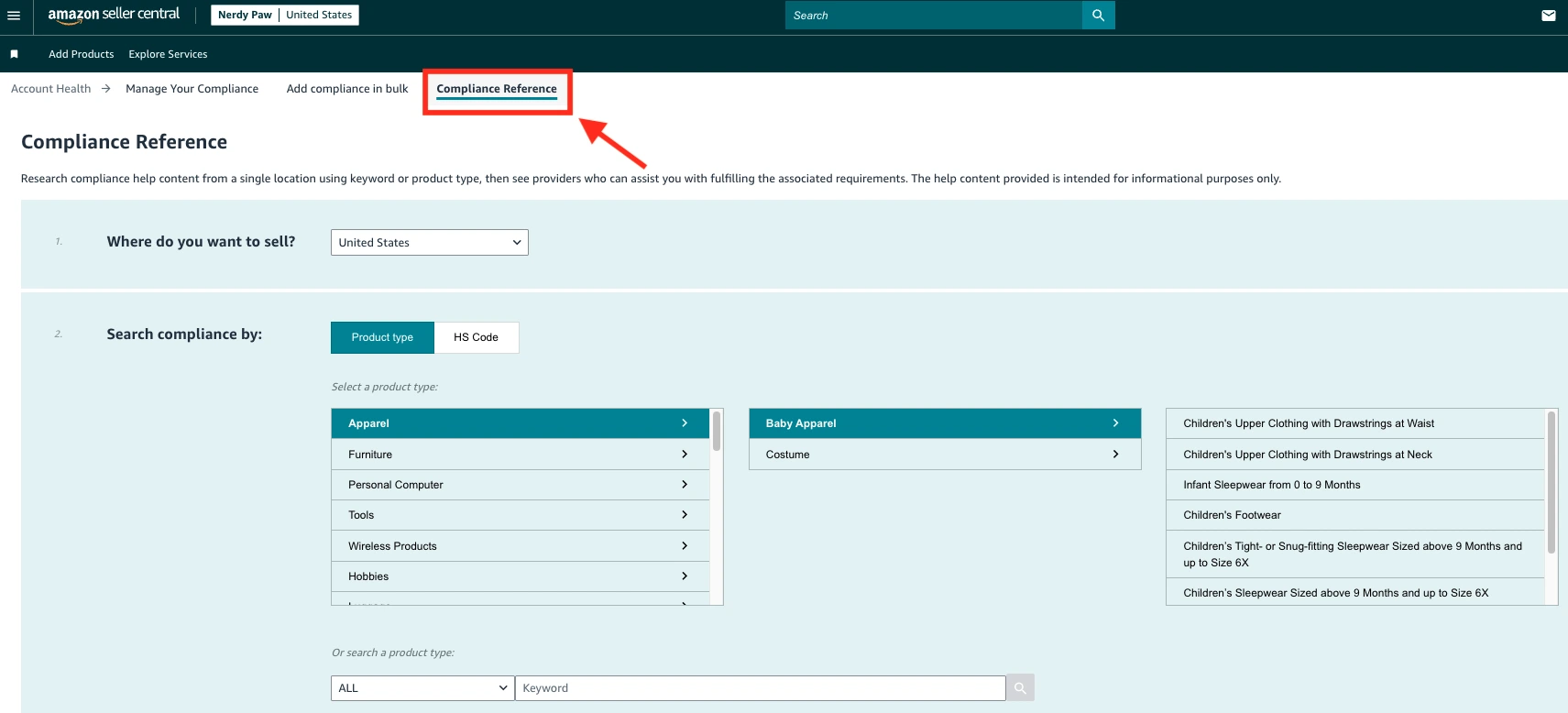 A screenshot showing where sellers can find the Compliance Reference tab in seller central.