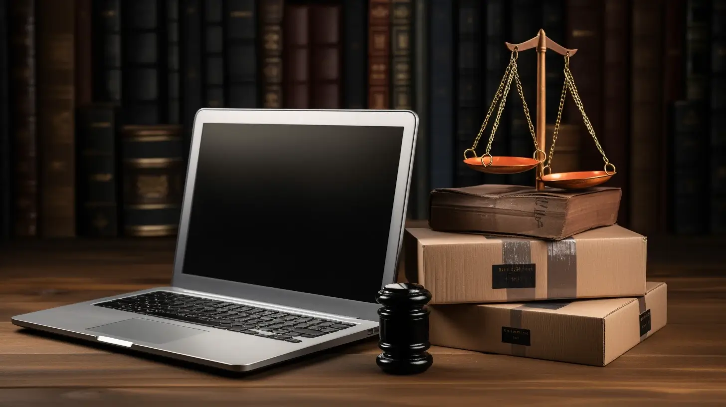 A laptop, shipping boxes, and judges gavel sitting on a table.