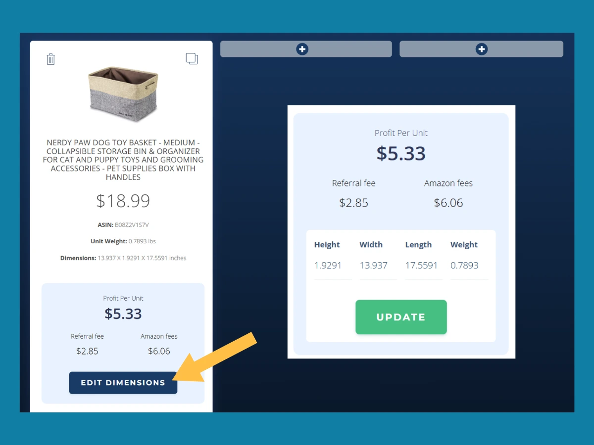 A graphic displaying where to edit the dimensions in Viral Launches FBA calculator.