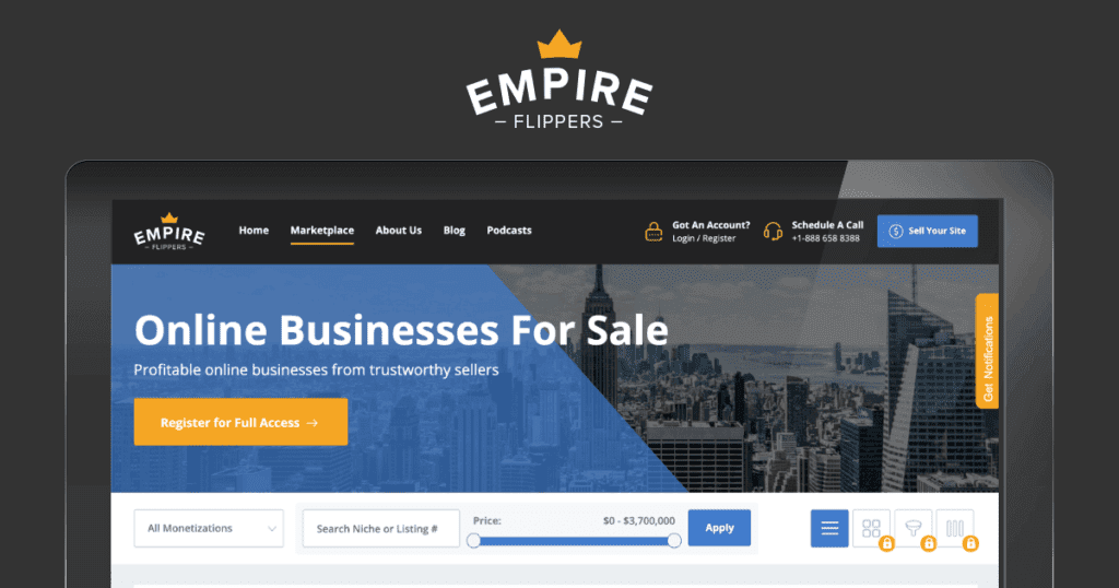 The Empire Flippers home screen which is a business valuation tool 