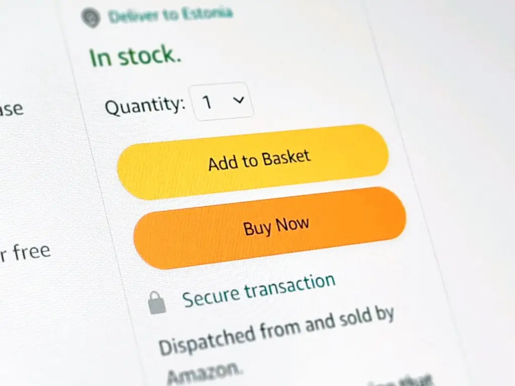 An image showing an add to basket and buy now call to action buttons on an amazon listing. 