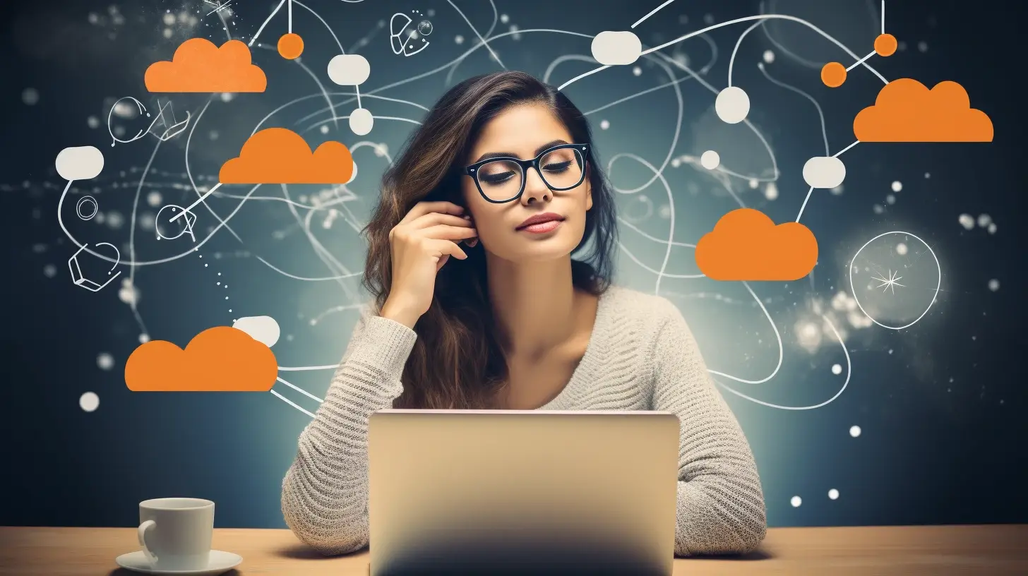 A young business woman with glasses working on a laptop. The woman has a thought bubble above her head thinking about how to drive external traffic to her amazon listings.