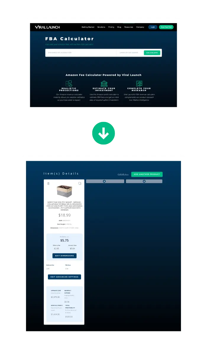 Viral Launch's Amazon FBA Calculator in action.