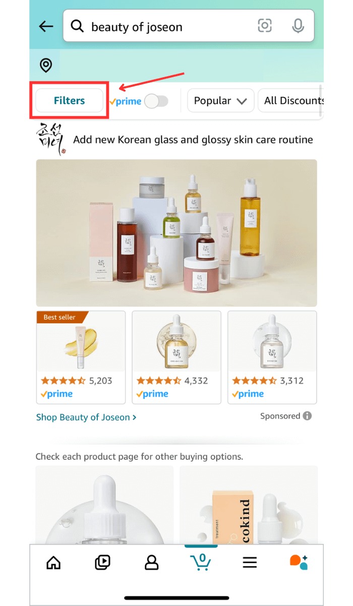 A graphic highlighting where the filters option is in the amazon app.