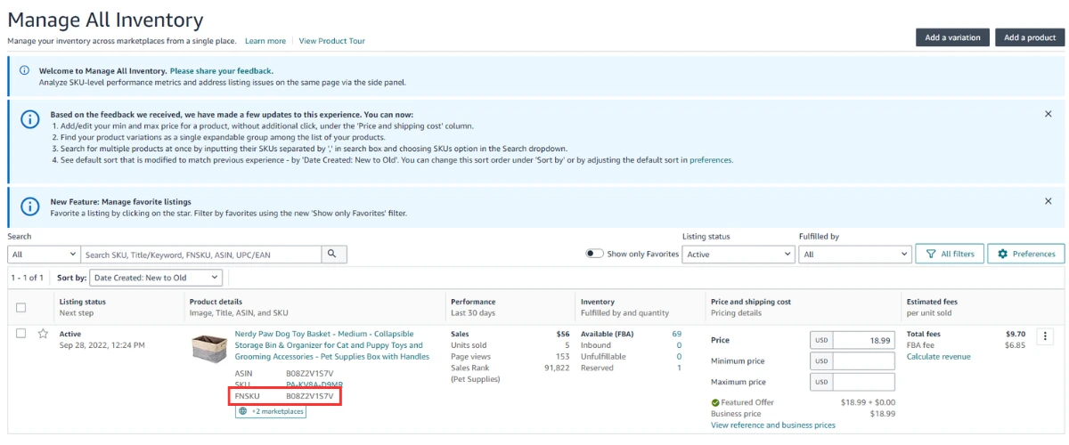 How to find the FNSKU in the manage inventory tab.