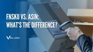 A graphic with an Amazon seller scanning a barcode and text that says "FNSKU vs. ASIN: What's the Difference?"