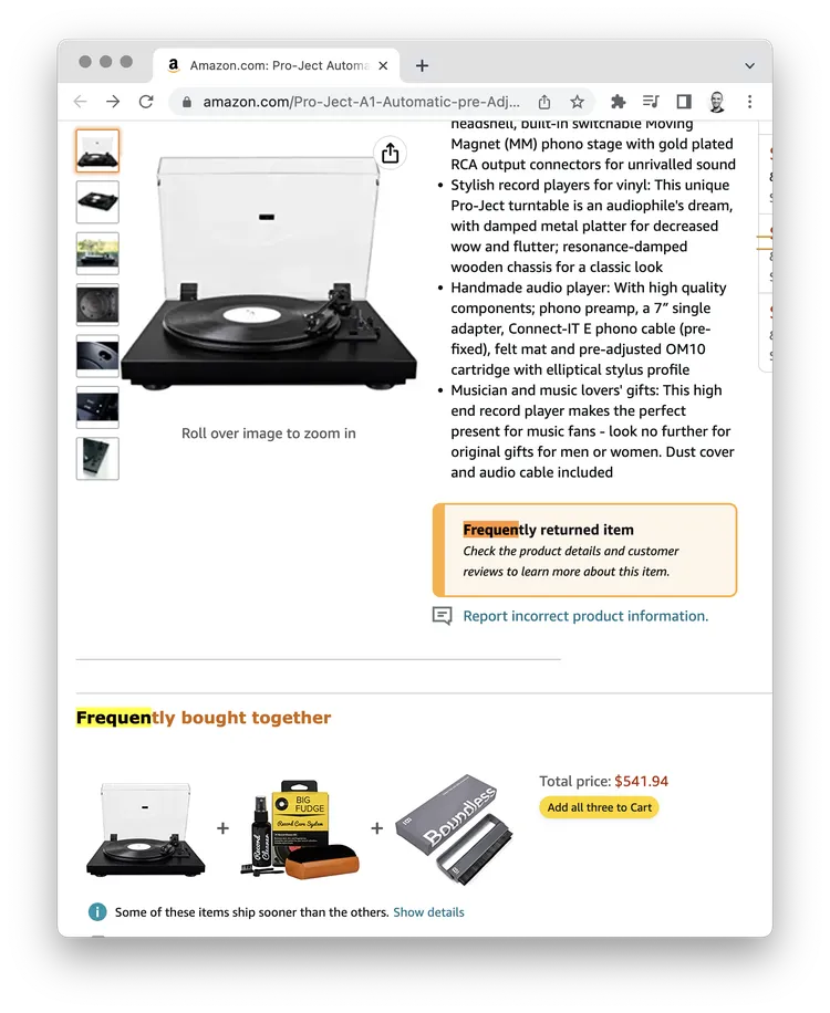 A screenshot of an Amazon record player product page labeled as 'frequently returned item'.
