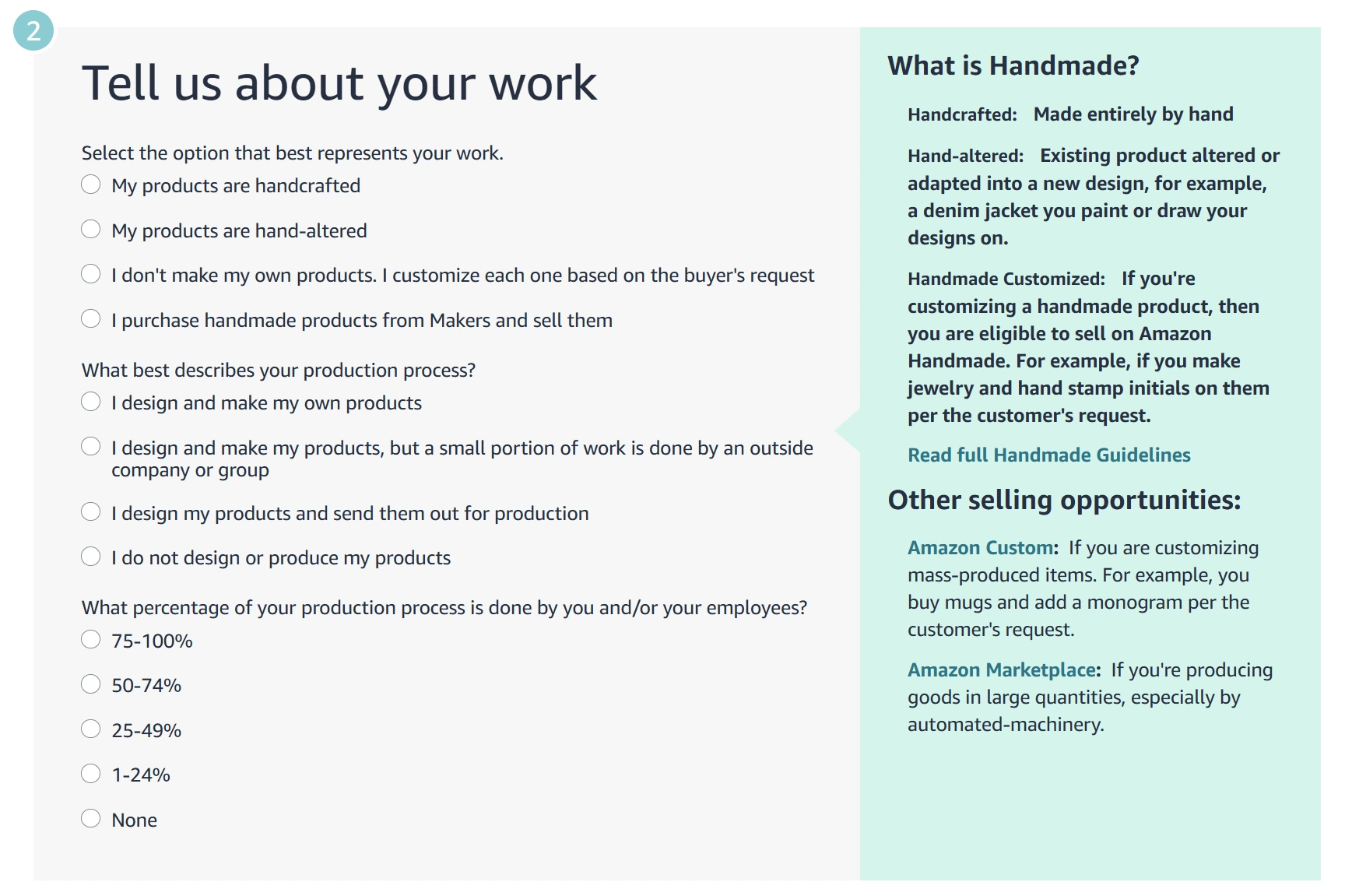 Amazon Handmade application step 2 ''Tell us about your work'