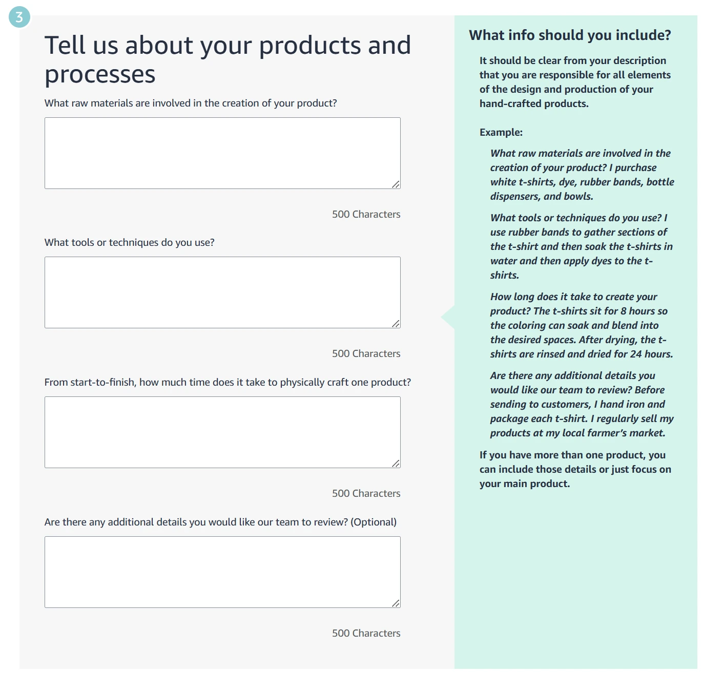 Amazon Handmade step 3: 'Tell us about your products and processes'