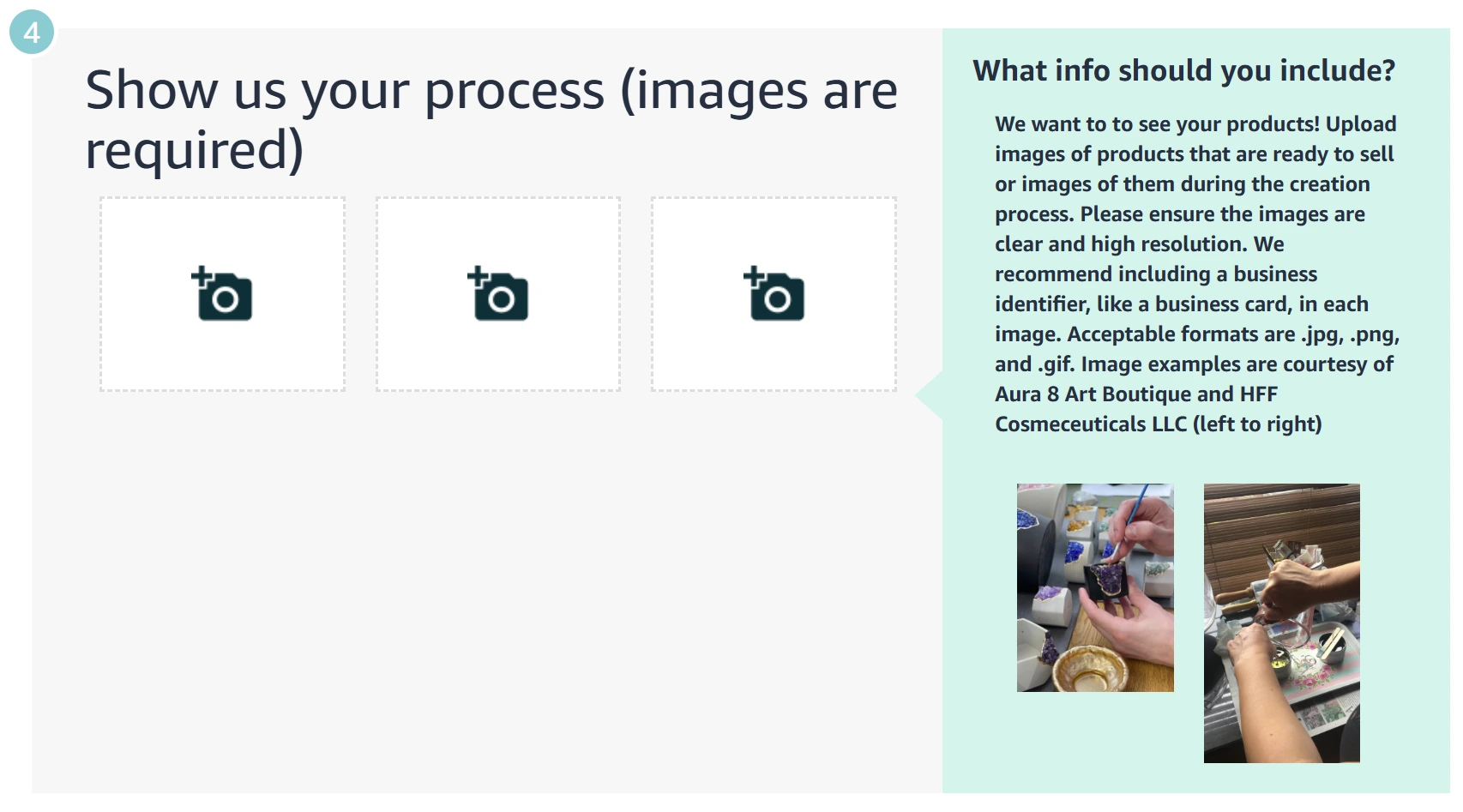 Amazon handmade step 4: 'Show us your process (images are required'