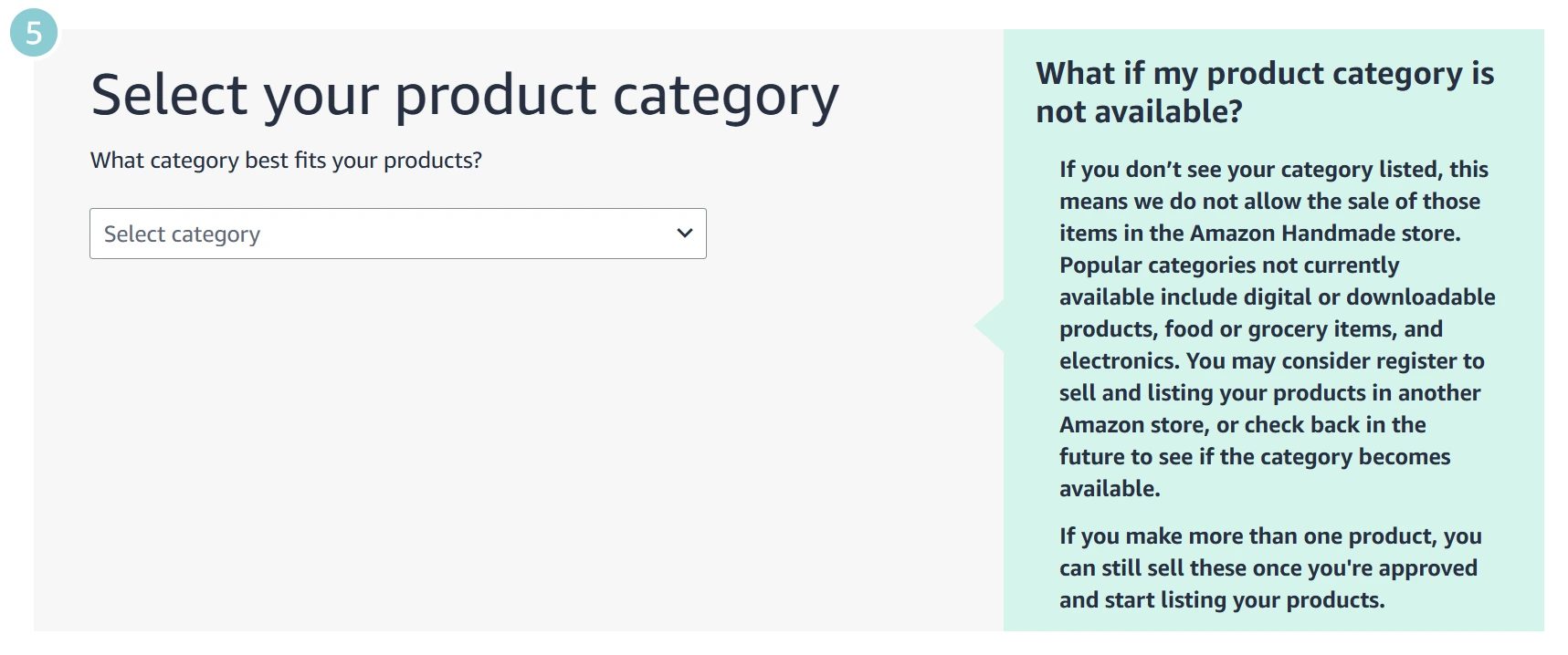 Amazon Handmade step 5: 'Select your product category'