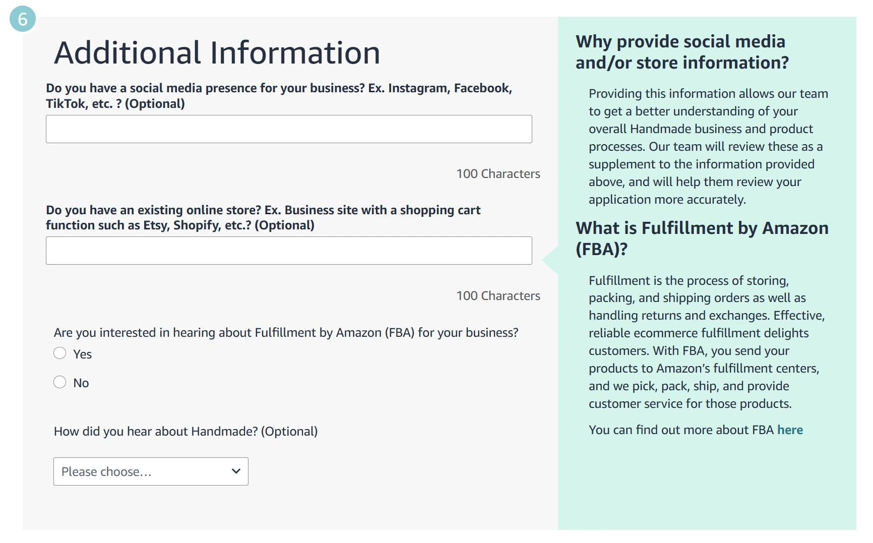 Amazon handmade step 6: 'Additional information'