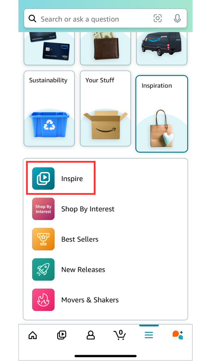 An alternate location to find amazon inspire on the Amazon app.