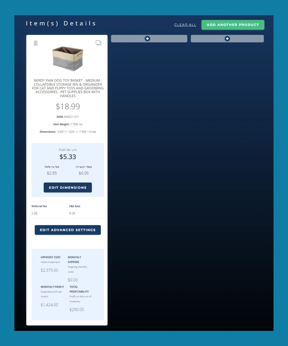 Item details in our FBA Profit Calculator.