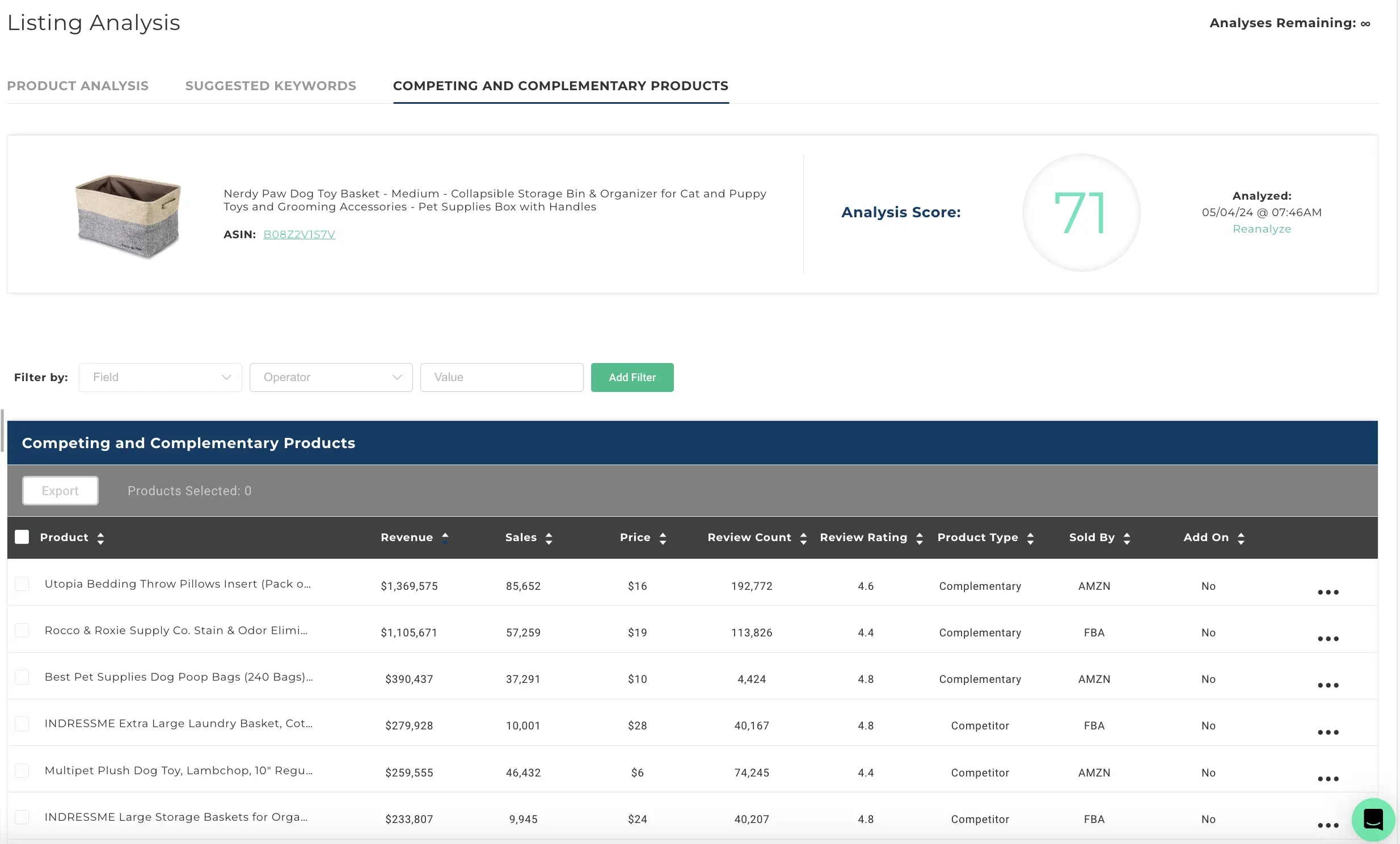 For sellers with a Viral Launch subscription, Listing Analyzer’s Competing & Complementary Products tab can help point you toward your closest competitors.