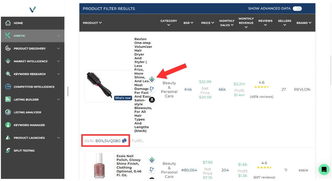 Screenshot highlighting the Market Intelligence icon and a product ASIN.