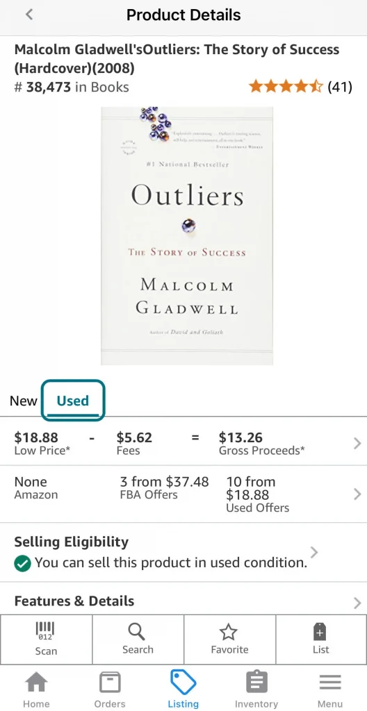 An image displaying Outliers book product listing and it highlights that it's a used book.