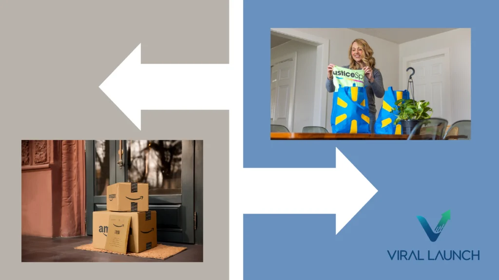 A graphic displaying Walmart vs Amazon packaging branding.