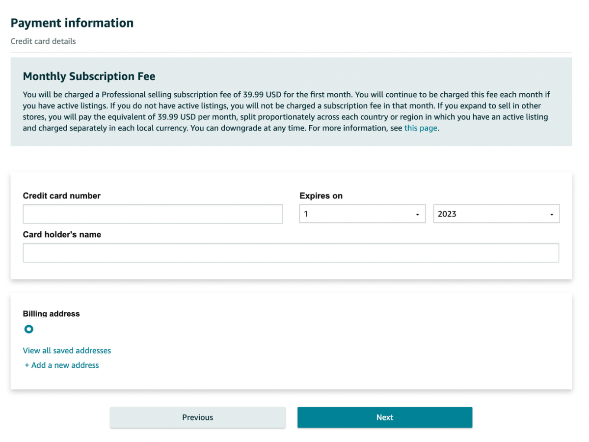 Where to input your payment information when creating your seller account.