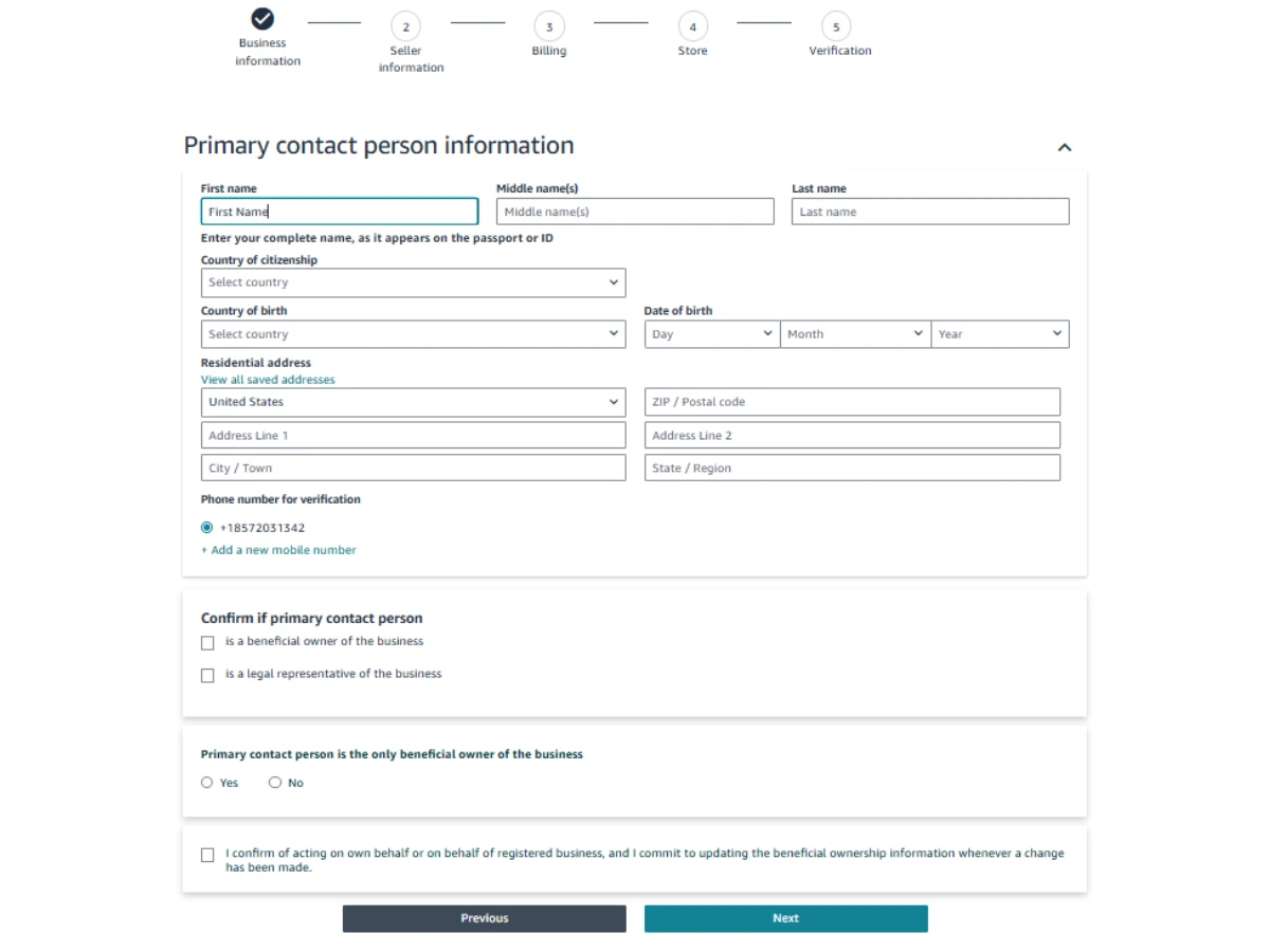 Where to enter personal contact information when creating your amazon seller central account.