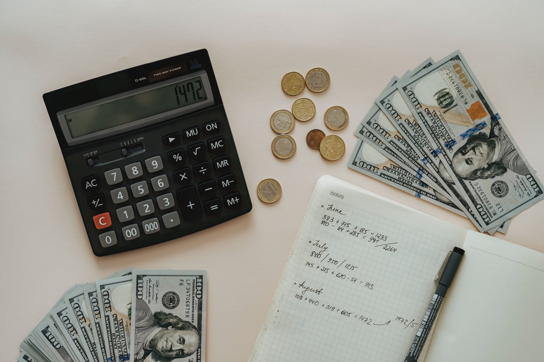 Money and a calculator on a table