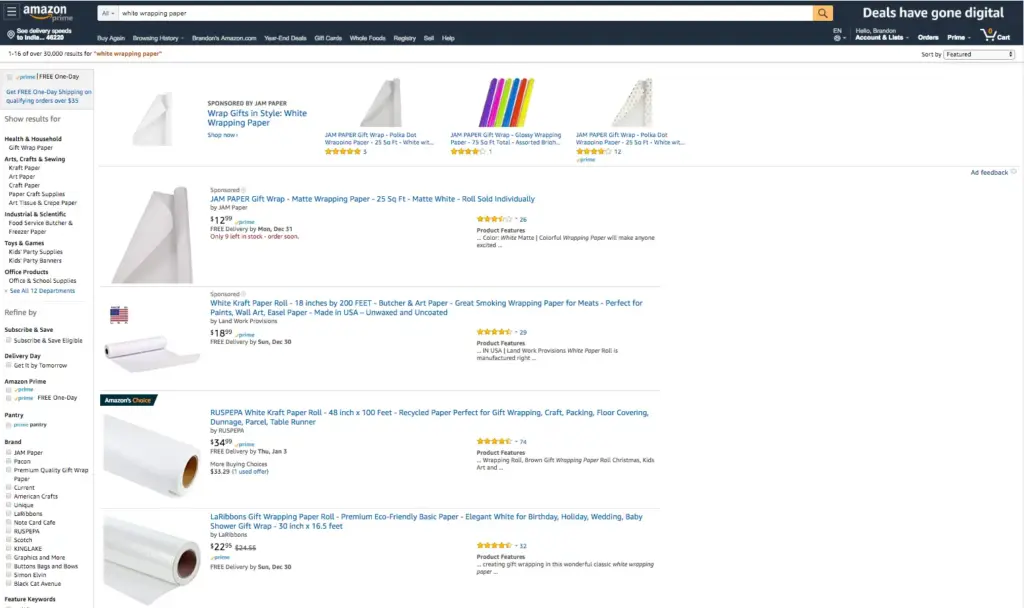 Amazon search results page for "white wrapping paper"