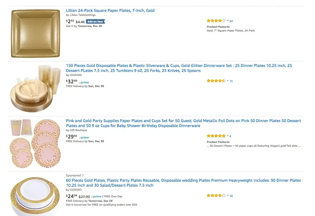 Amazon search results for "gold paper plates" showing a wide range of products which could make data collection more difficult