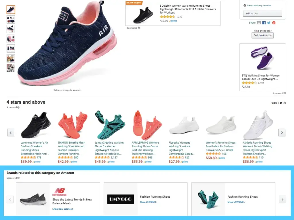 Example of Sponsored Brands ads showing up on product detail pages for similar or complementary products