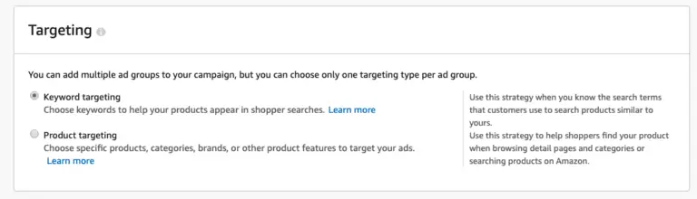 The option to target keywords by product or by keyword in the Amazon advertising console