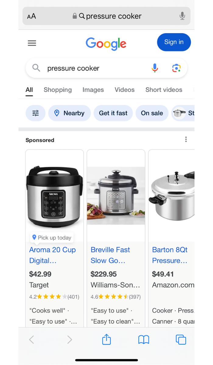 Google search results for a pressure cooker.