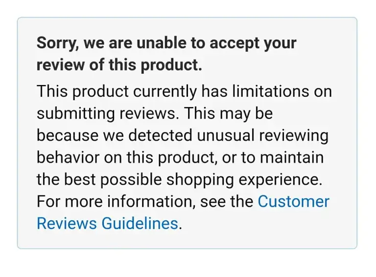 Amazon notice indicating a product cannot receive reviews at the time because of what Amazon considers unusual activity