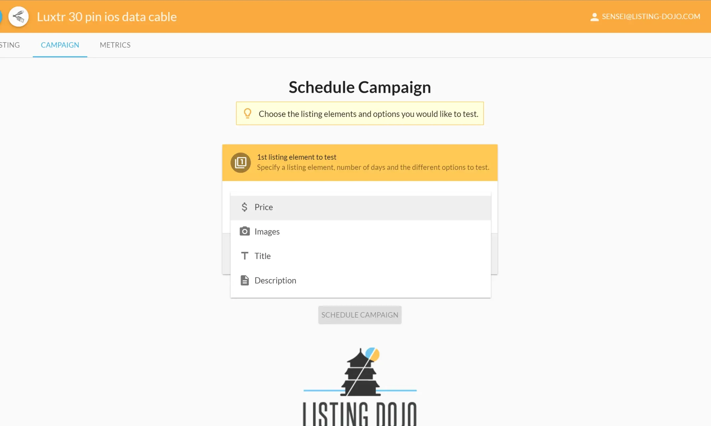 Creating a campaign in Listing Dojo, to test a product element like price.