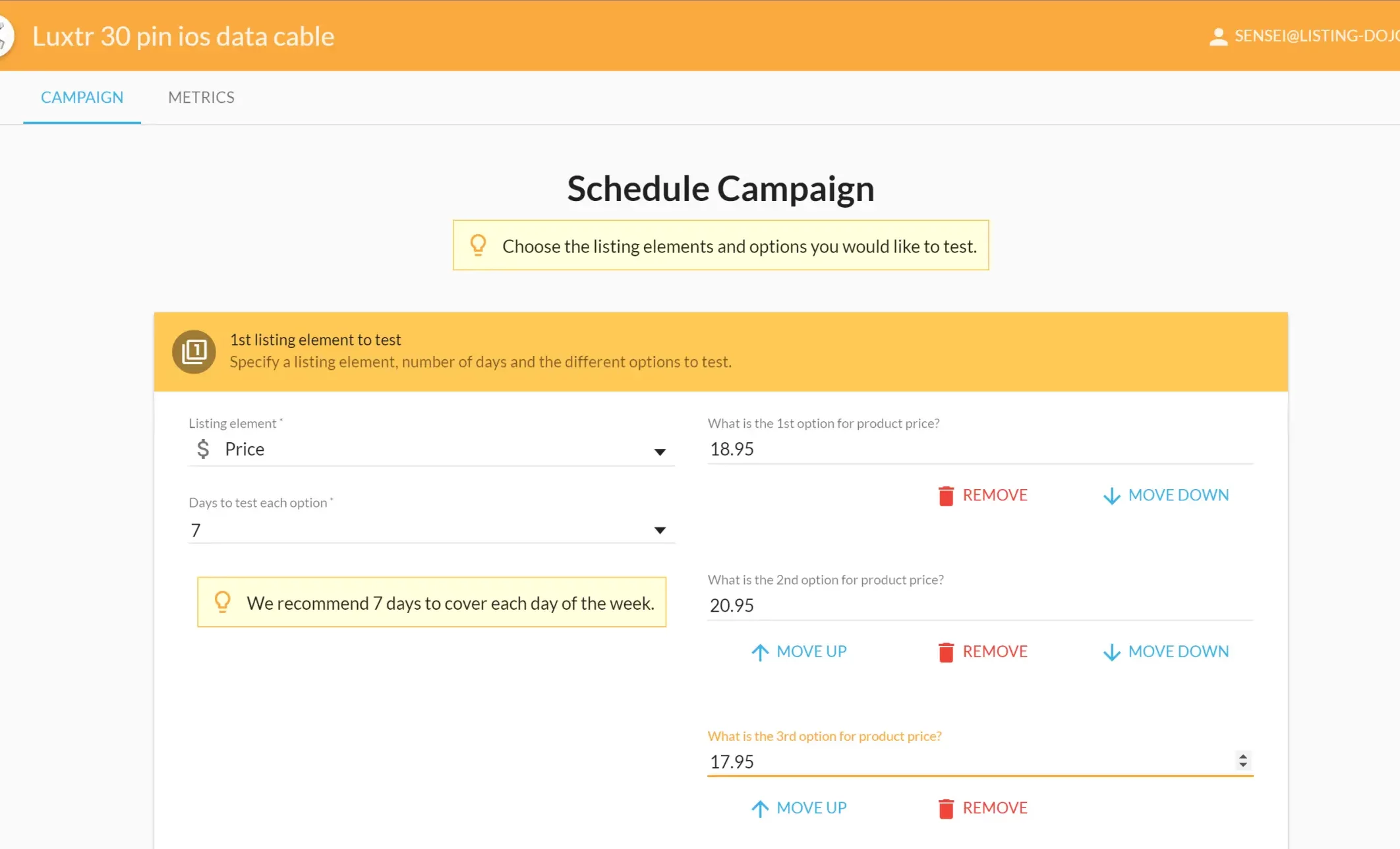 Scheduling a campaign in Listing Dojo, by Viral Launch, to achieve Amazon Product Listing Optimization