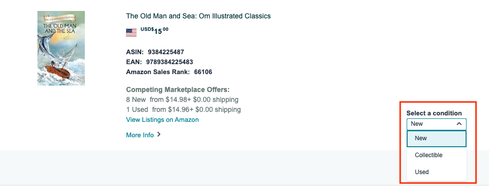 Where to select book condition in Amazon seller central