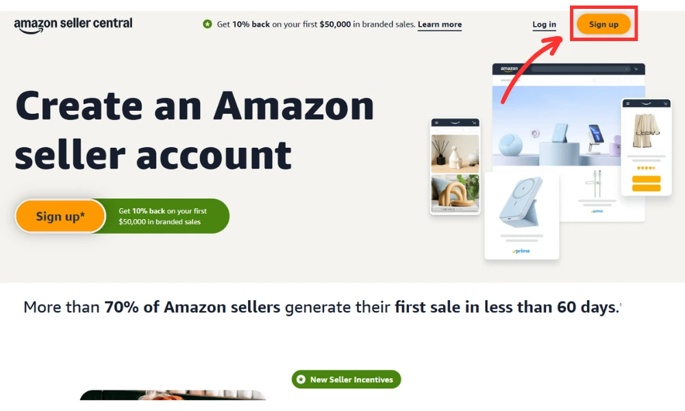 Where to find the Amazon Seller Central Sign up button.