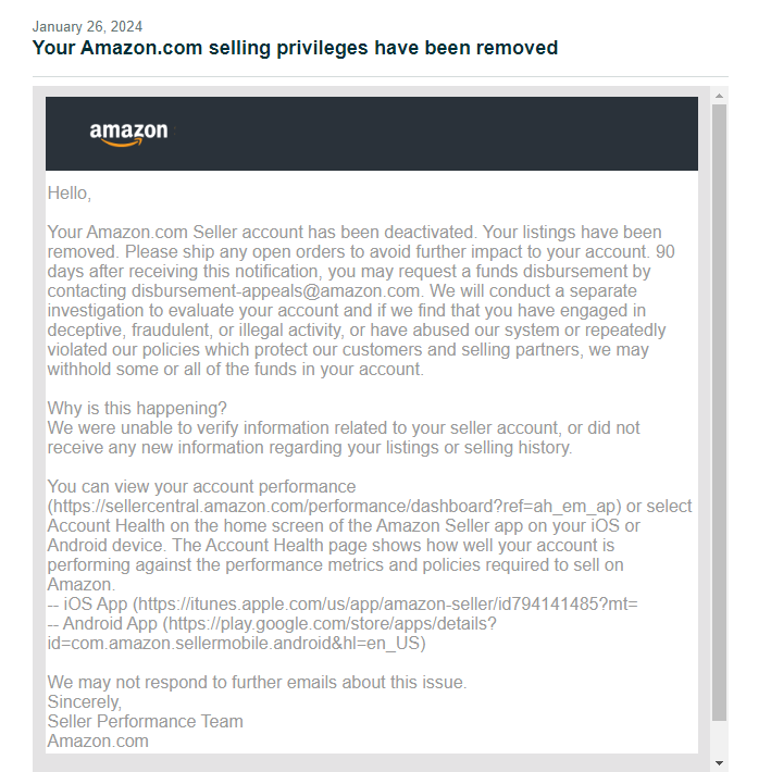 Example email stating you Amazon selling privileges have been removed and your account has been suspended.