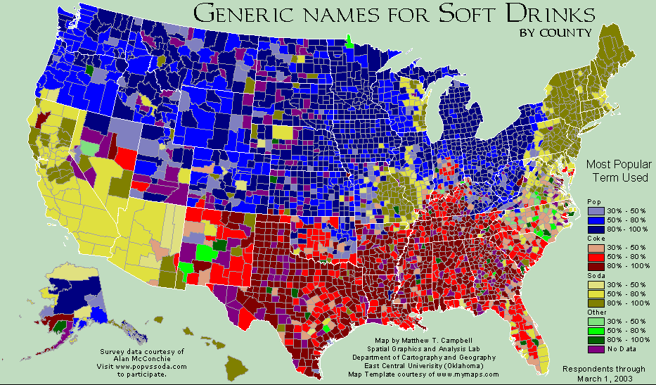 A map showing the generic names for soft drinks by county within the United States