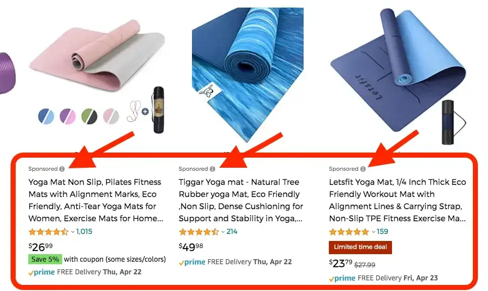 Example of Amazon sponsored products ads indicated by the sponsored label in the Amazon search results