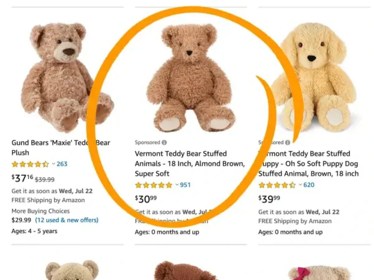 A graphic displaying an Amazon Search result and highlights a sponsored ad within the result.