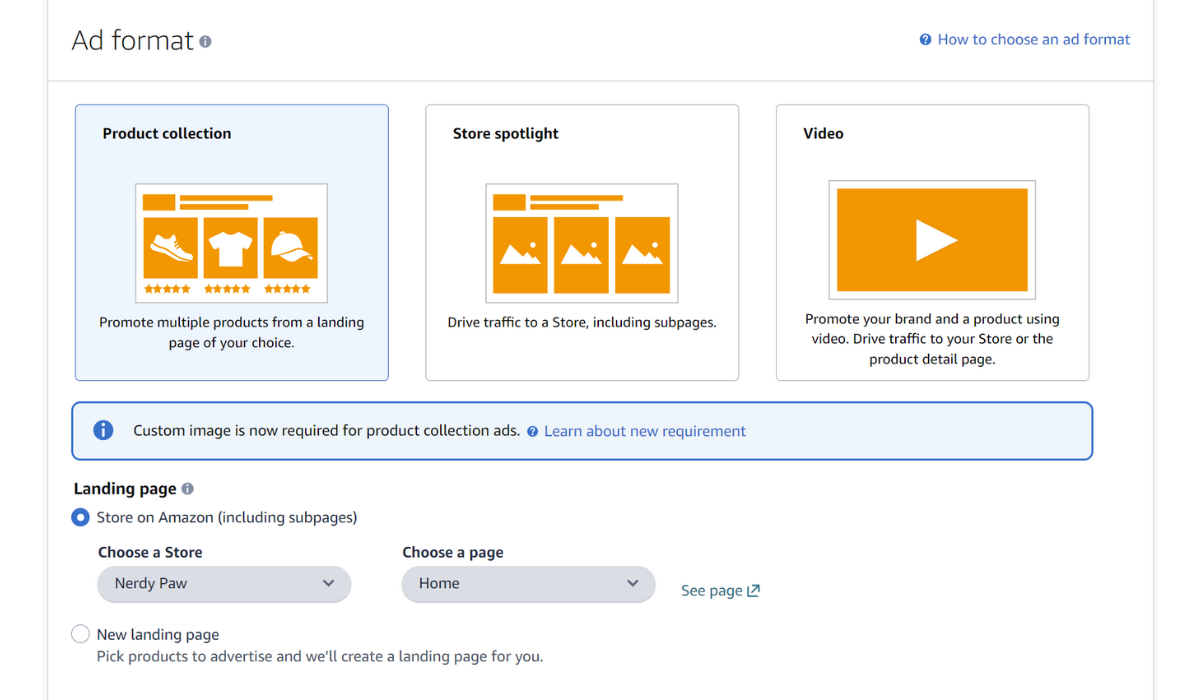 Choose your ad format: Product Collection, Store Spotlight, or Video.