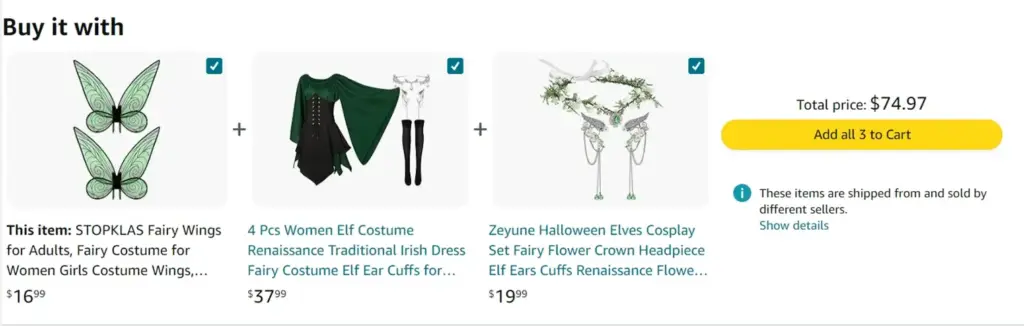 Screenshot from "STOPKLAS" Amazon store. The "Buy it with" section suggests "This item: Stopklas Fairy Wings for Adults" + "$ Pc Women Elf Costume Renaissance Traditional Irish Dress" + "Zeyune Halloween Elves Coplay Set Fairy Flower Crown Headpiece"