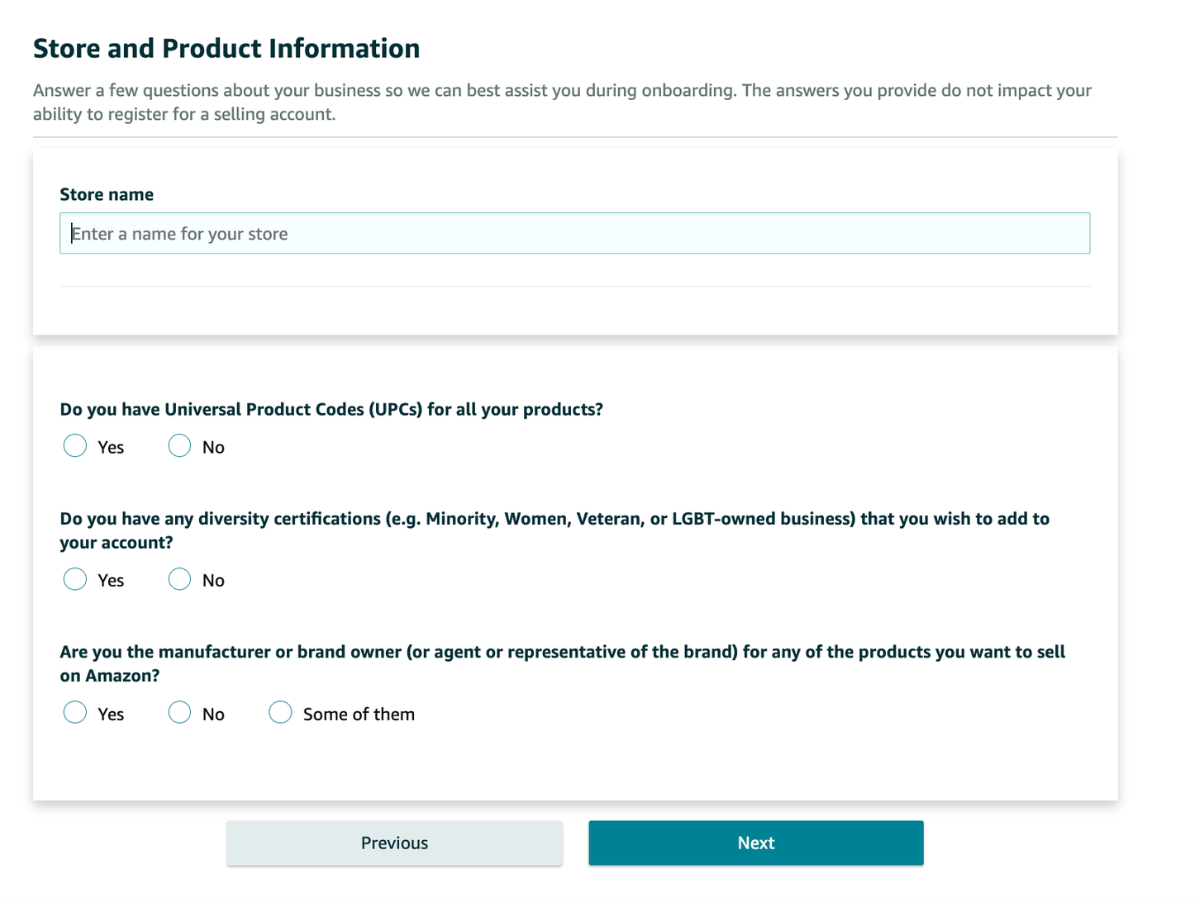 Where to enter your store and product information when creating an Amazon seller account.