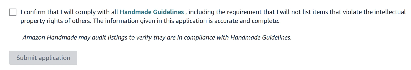 confirm compliance and submit amazon handmade application button.