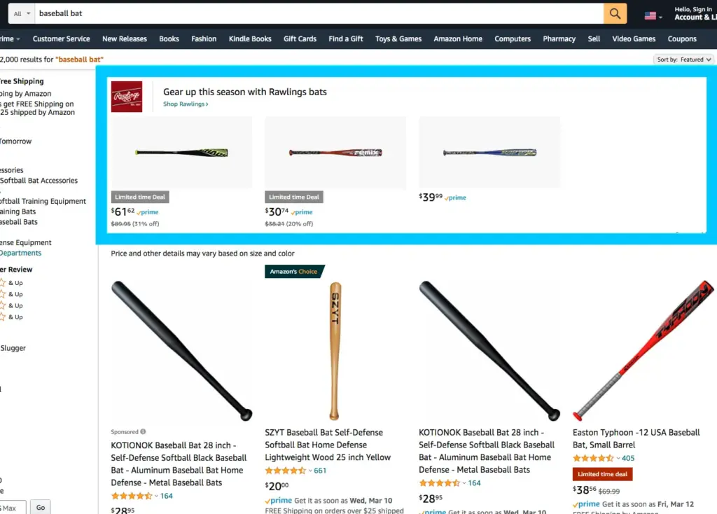 Example of Sponsored Brands ads appearing at the top of search results