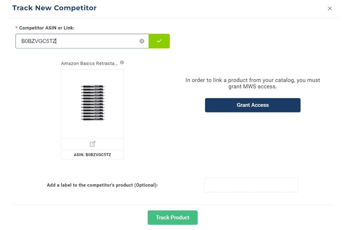 How to track a new competitor by ASIN in Competitor Intelligence.